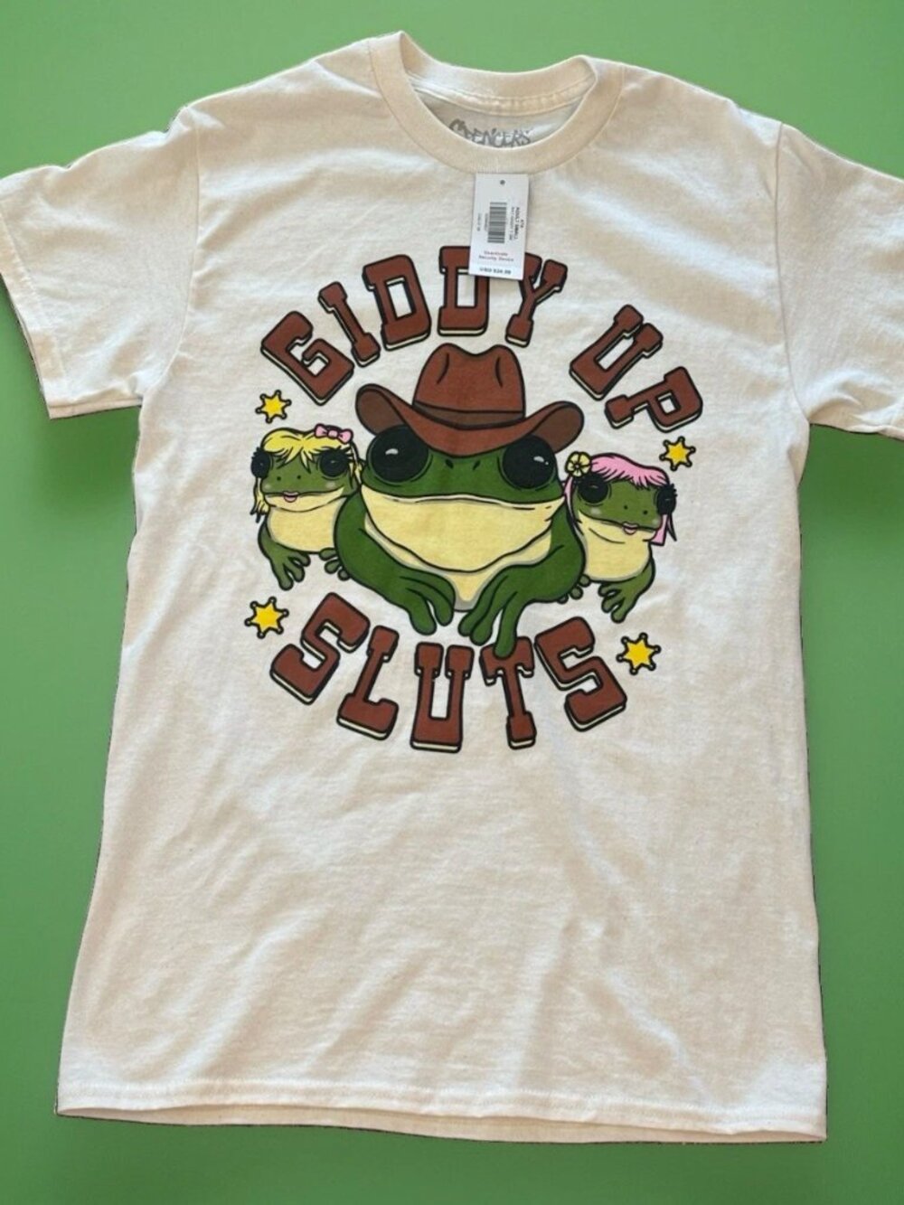 Giddyโ Up Sluts Frogs Graphic T Shirt Women's S New with Tag Beige Spencer's